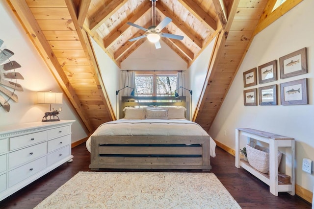 bedroom with baseboards, lofted ceiling with beams, wooden ceiling, and dark wood finished floors