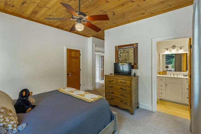 bedroom featuring ceiling fan, wooden ceiling, light carpet, and ensuite bathroom