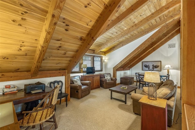 interior space featuring light carpet, lofted ceiling with beams, and wood ceiling