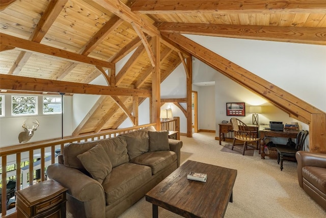 living room with wooden ceiling, light colored carpet, beam ceiling, and high vaulted ceiling