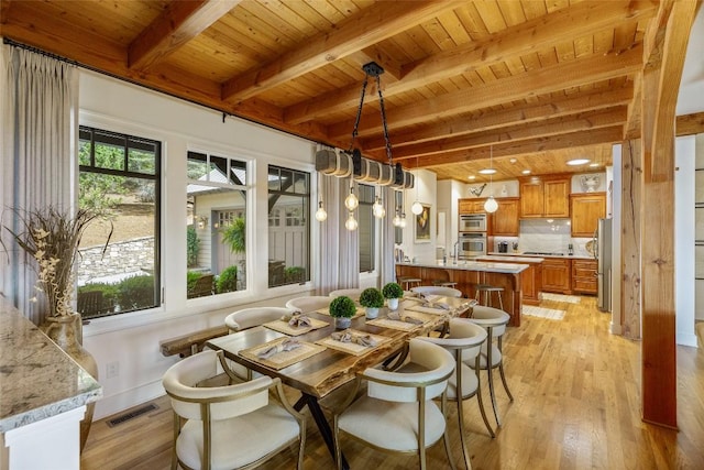 dining area featuring light hardwood / wood-style flooring, beam ceiling, and wood ceiling