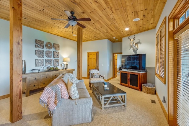 living room with wood ceiling, ceiling fan, and light colored carpet