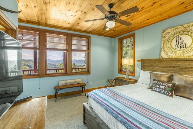 carpeted bedroom with ceiling fan and wooden ceiling