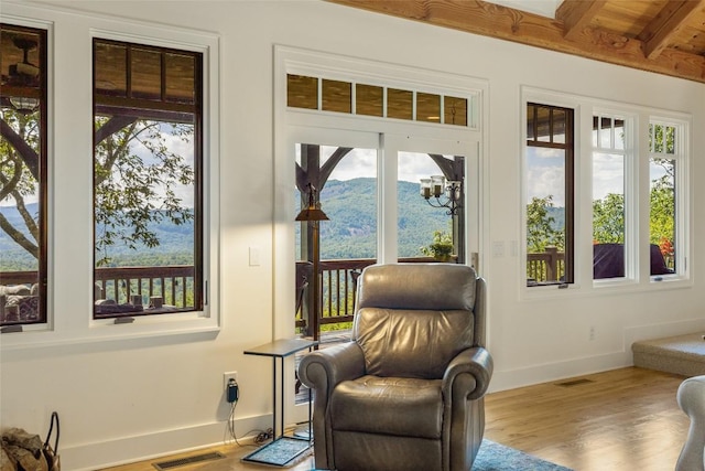 interior space with a mountain view, a wealth of natural light, and beam ceiling