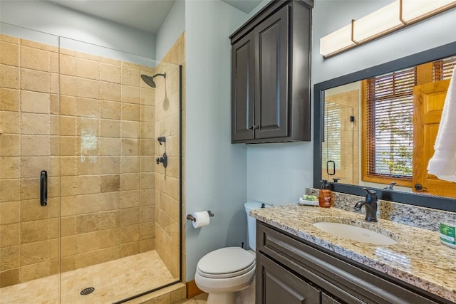 bathroom with toilet, walk in shower, and vanity