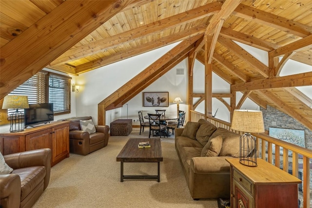 living room with wood ceiling, high vaulted ceiling, light carpet, and beamed ceiling