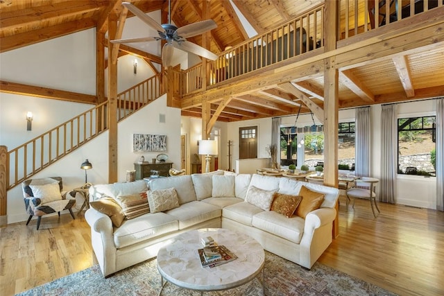 living room featuring ceiling fan, light hardwood / wood-style floors, high vaulted ceiling, wooden ceiling, and beam ceiling