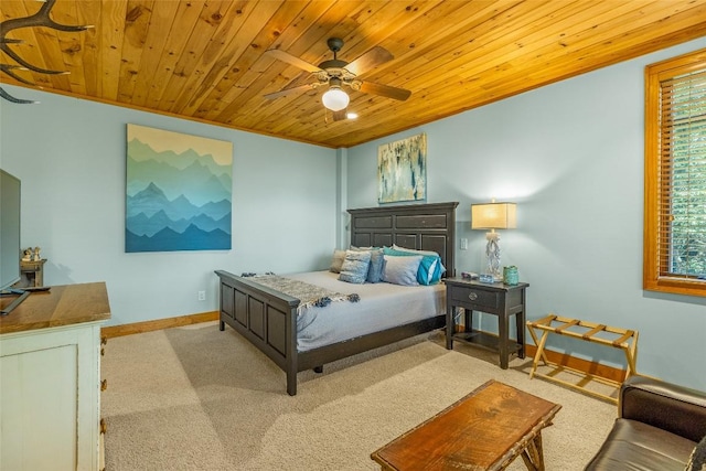 carpeted bedroom featuring ceiling fan, multiple windows, and wood ceiling