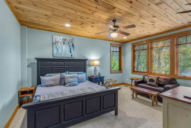 bedroom featuring wooden ceiling, light colored carpet, and ceiling fan