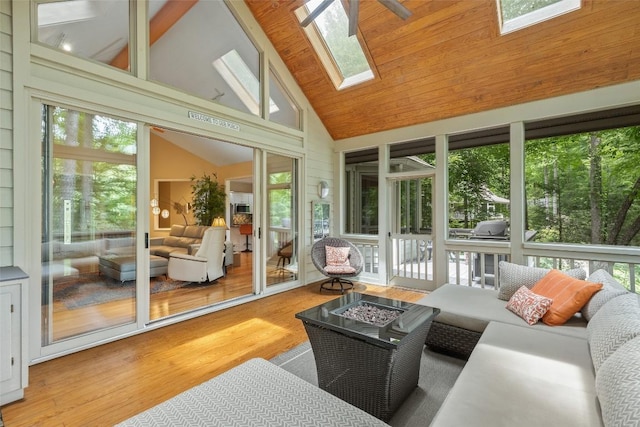 sunroom / solarium with lofted ceiling with skylight and wood ceiling