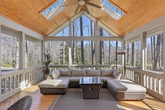 sunroom / solarium with lofted ceiling with skylight, wood ceiling, and a healthy amount of sunlight