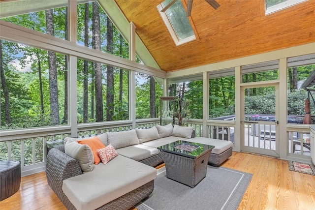 sunroom featuring lofted ceiling with skylight, wood ceiling, and a healthy amount of sunlight