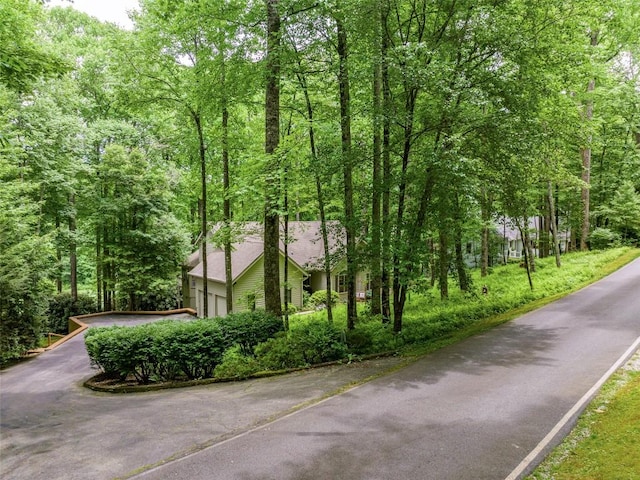 surrounding community with a garage, a forest view, and driveway