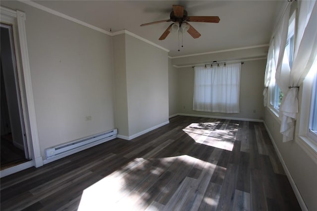empty room featuring ornamental molding, wood finished floors, baseboards, ceiling fan, and a baseboard heating unit