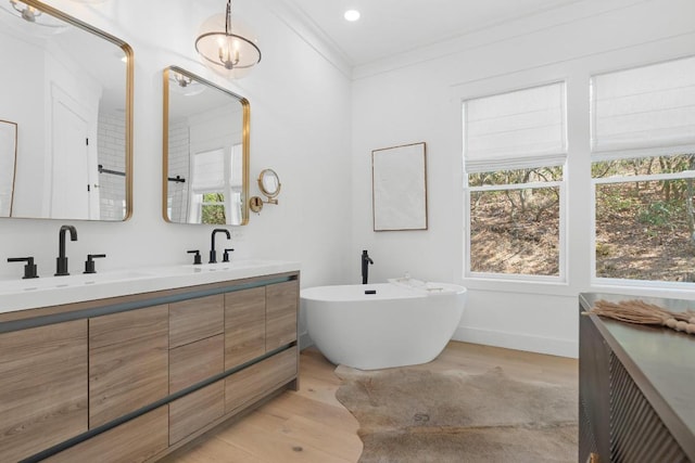 bathroom with a sink, a freestanding bath, wood finished floors, and ornamental molding