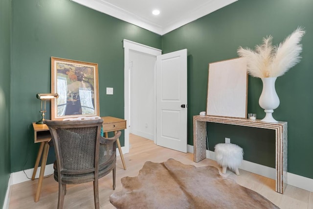 office featuring crown molding, recessed lighting, wood finished floors, and baseboards