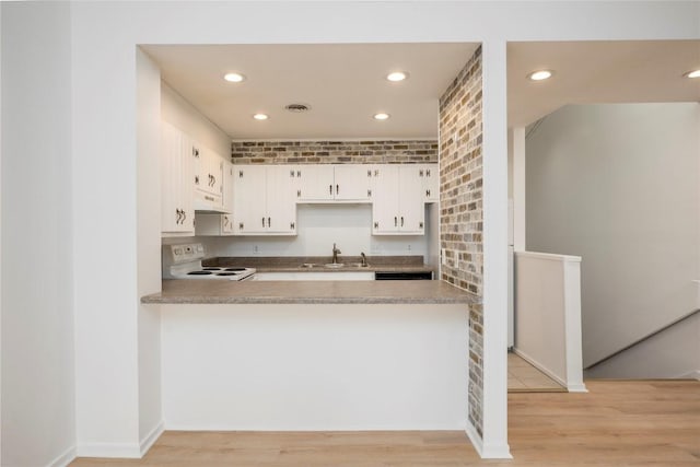 kitchen with white electric range, a sink, under cabinet range hood, light wood-type flooring, and recessed lighting