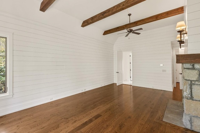 525 High Mountain Dr, Cashiers, NC 28717 - unfurnished living room featuring ceiling fan, wood walls, wood finished floors, and a stone fireplace