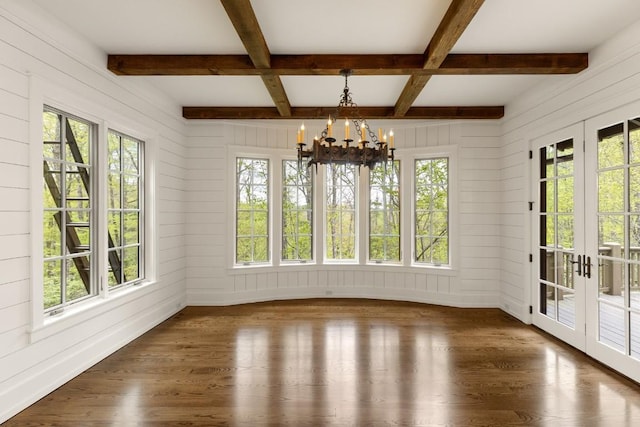 525 High Mountain Dr, Cashiers, NC 28717 - unfurnished sunroom with french doors, a chandelier, plenty of natural light, beam ceiling, and coffered ceiling
