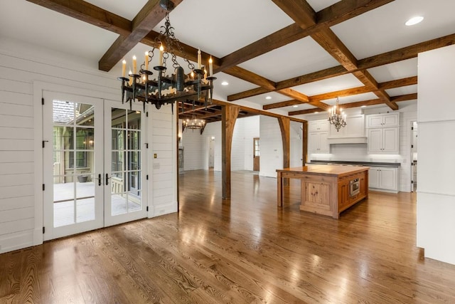 525 High Mountain Dr, Cashiers, NC 28717 - kitchen with a chandelier, wood counters, coffered ceiling, french doors, and wood finished floors