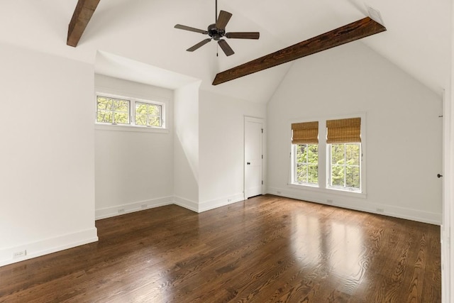 525 High Mountain Dr, Cashiers, NC 28717 - spare room with beam ceiling, ceiling fan, wood finished floors, high vaulted ceiling, and baseboards