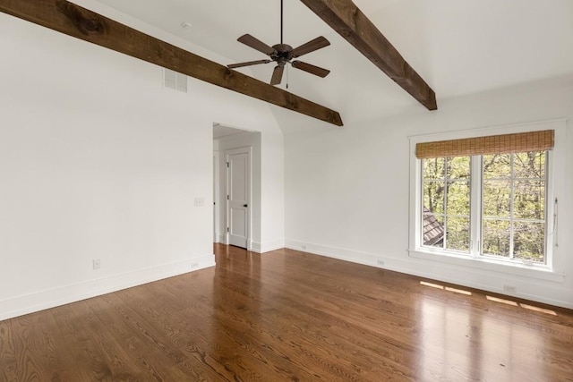 525 High Mountain Dr, Cashiers, NC 28717 - empty room featuring beam ceiling, a ceiling fan, wood finished floors, baseboards, and high vaulted ceiling