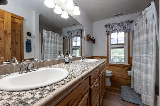 3050 N Hwy 107, Cashiers, NC 28736 - bathroom featuring a wainscoted wall, double vanity, a textured ceiling, wood finished floors, and ornamental molding