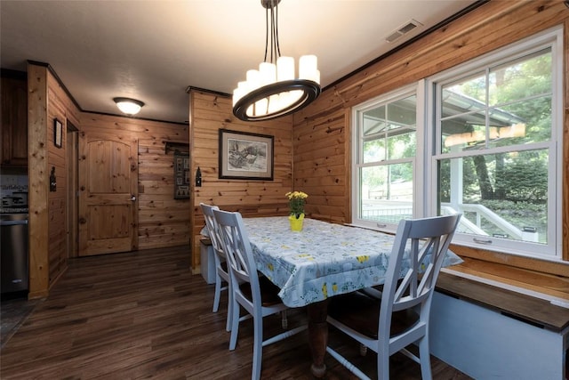 3050 N Hwy 107, Cashiers, NC 28736 - dining space with dark wood finished floors, a chandelier, and wooden walls