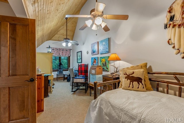 carpeted bedroom with ceiling fan, high vaulted ceiling, and wooden ceiling