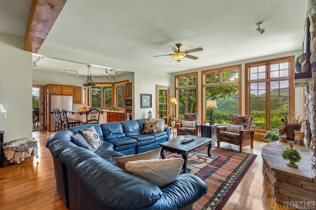 living room featuring ceiling fan and light hardwood / wood-style floors