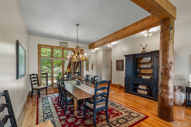 dining space with a chandelier and light hardwood / wood-style flooring