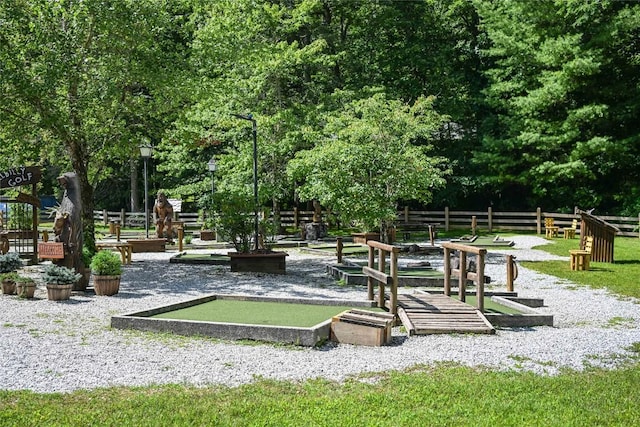 view of home's community featuring fence