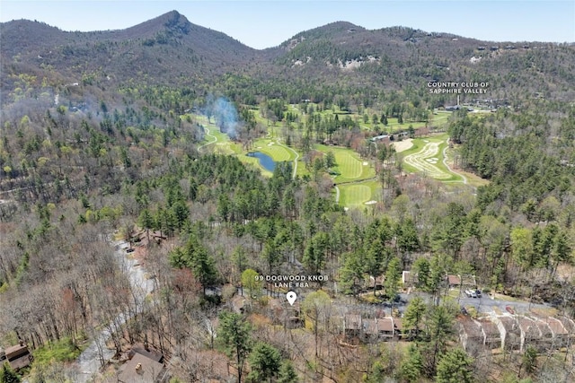 bird's eye view featuring a water and mountain view, a view of trees, and view of golf course