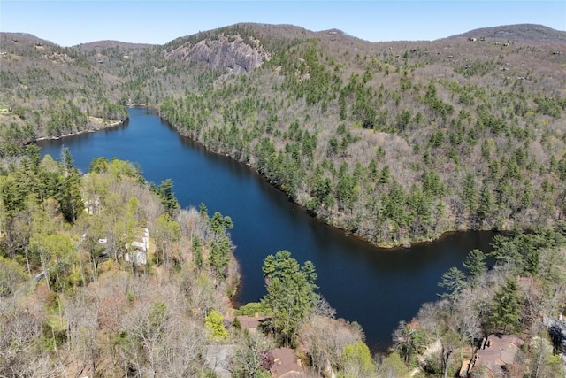aerial view featuring a water and mountain view and a forest view