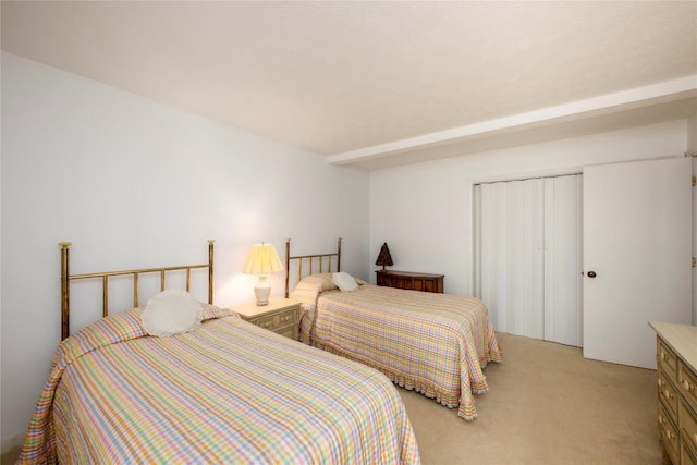 bedroom featuring a closet and light carpet