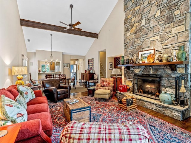 66 Country Club Vlg Unit 66, Lake Toxaway, NC 28747 - living room with a ceiling fan, wood finished floors, high vaulted ceiling, stairway, and a fireplace