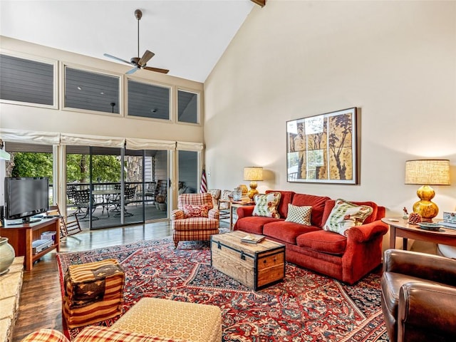 66 Country Club Vlg Unit 66, Lake Toxaway, NC 28747 - living room featuring high vaulted ceiling, a ceiling fan, and wood finished floors