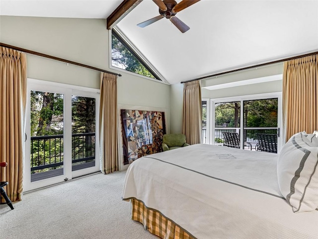 66 Country Club Vlg Unit 66, Lake Toxaway, NC 28747 - carpeted bedroom with access to exterior, high vaulted ceiling, beam ceiling, and a ceiling fan