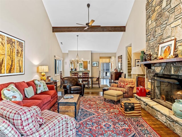 66 Country Club Vlg Unit 66, Lake Toxaway, NC 28747 - living area featuring high vaulted ceiling, wood finished floors, a ceiling fan, a chandelier, and beamed ceiling