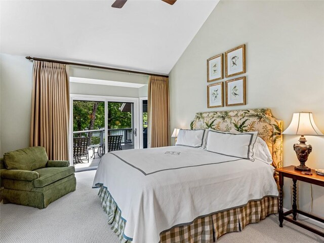 66 Country Club Vlg Unit 66, Lake Toxaway, NC 28747 - carpeted bedroom with access to exterior, a ceiling fan, and high vaulted ceiling