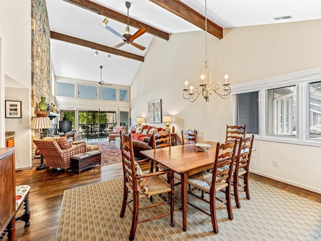66 Country Club Vlg Unit 66, Lake Toxaway, NC 28747 - dining area featuring ceiling fan, high vaulted ceiling, wood finished floors, beam ceiling, and a chandelier