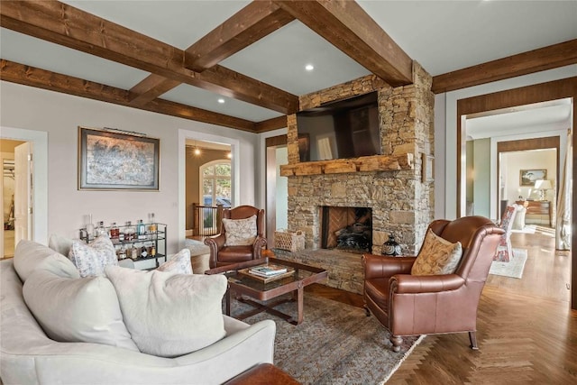 170 Old Hunters Run, Cashiers, NC 28717 - living area featuring beam ceiling and a stone fireplace