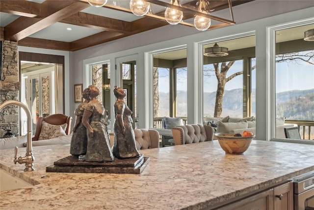 170 Old Hunters Run, Cashiers, NC 28717 - interior space with french doors, plenty of natural light, beamed ceiling, coffered ceiling, and a mountain view