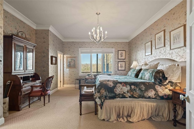 170 Old Hunters Run, Cashiers, NC 28717 - bedroom with a chandelier, carpet, wallpapered walls, and crown molding