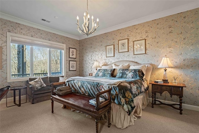 bedroom with carpet flooring, a notable chandelier, crown molding, visible vents, and wallpapered walls