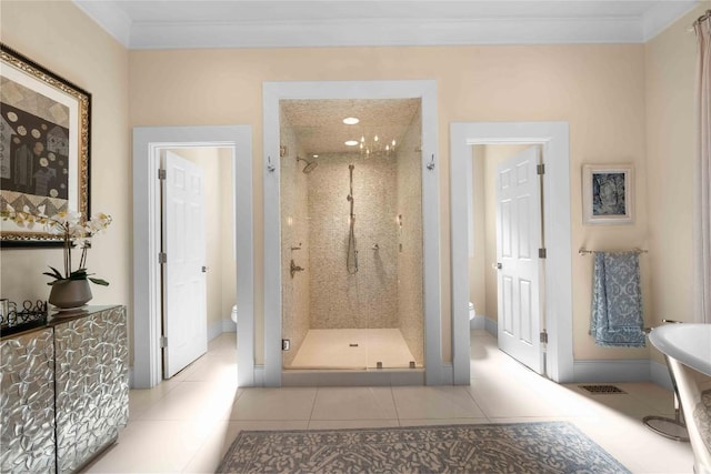170 Old Hunters Run, Cashiers, NC 28717 - full bath featuring a shower stall, crown molding, tile patterned floors, and a soaking tub
