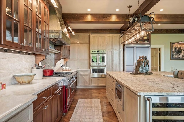 170 Old Hunters Run, Cashiers, NC 28717 - kitchen with beverage cooler, built in appliances, premium range hood, beamed ceiling, and light stone counters