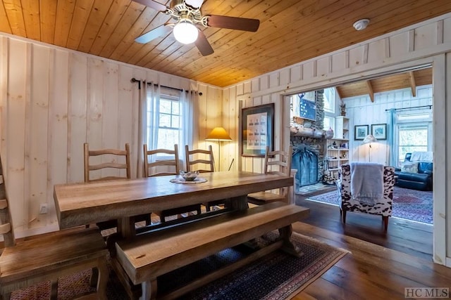 dining space with wood walls, a stone fireplace, ceiling fan, dark hardwood / wood-style flooring, and wood ceiling