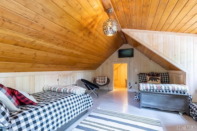 bedroom with lofted ceiling, wooden ceiling, and wood walls