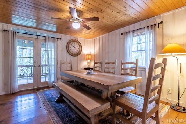 dining area featuring wood-type flooring, ceiling fan, french doors, wood ceiling, and wood walls